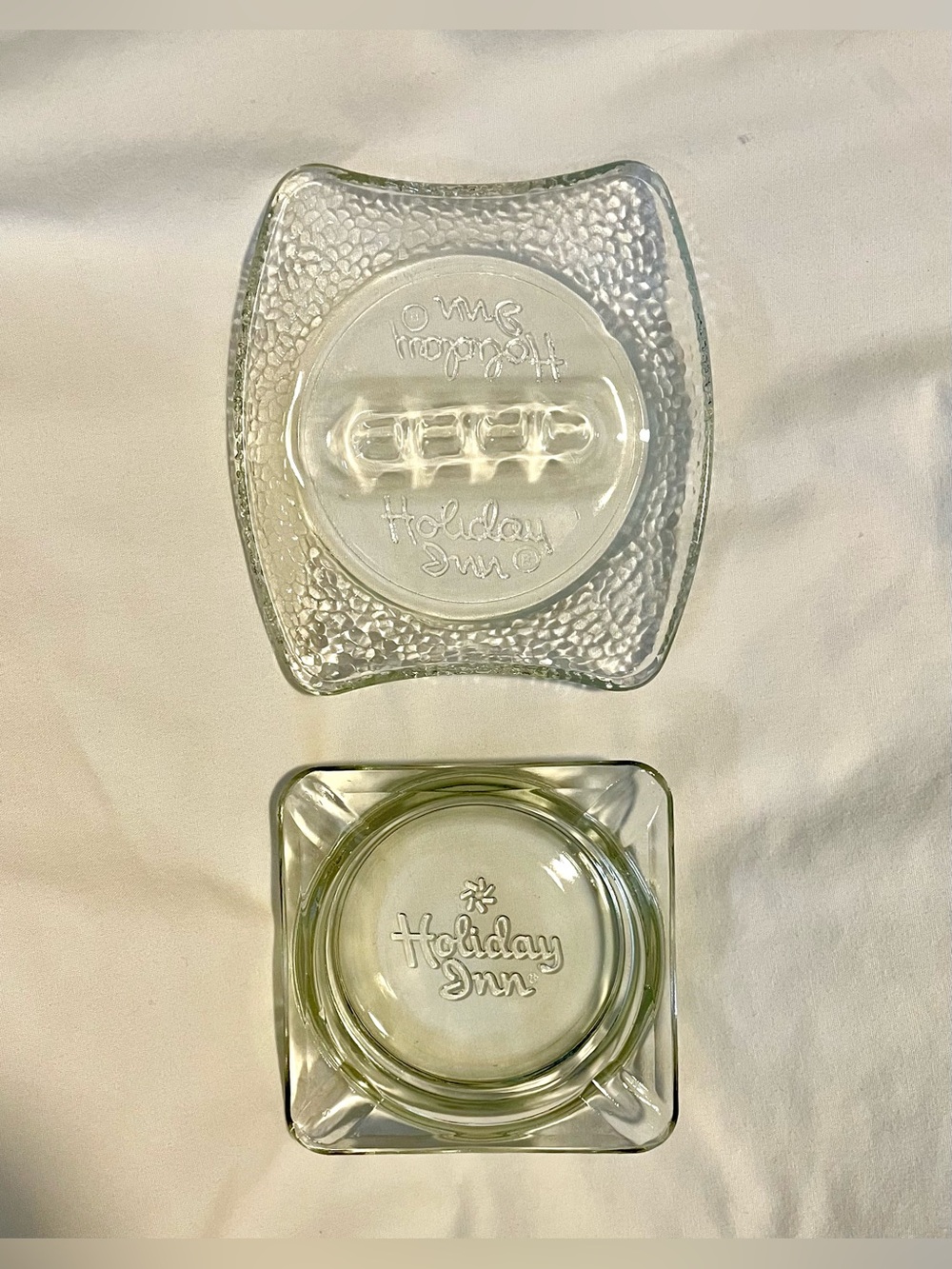 *VINTAGE* (2) HOLIDAY INN Hotel  Glass Ashtrays - Embossed/Pebbled/Hotel Logo